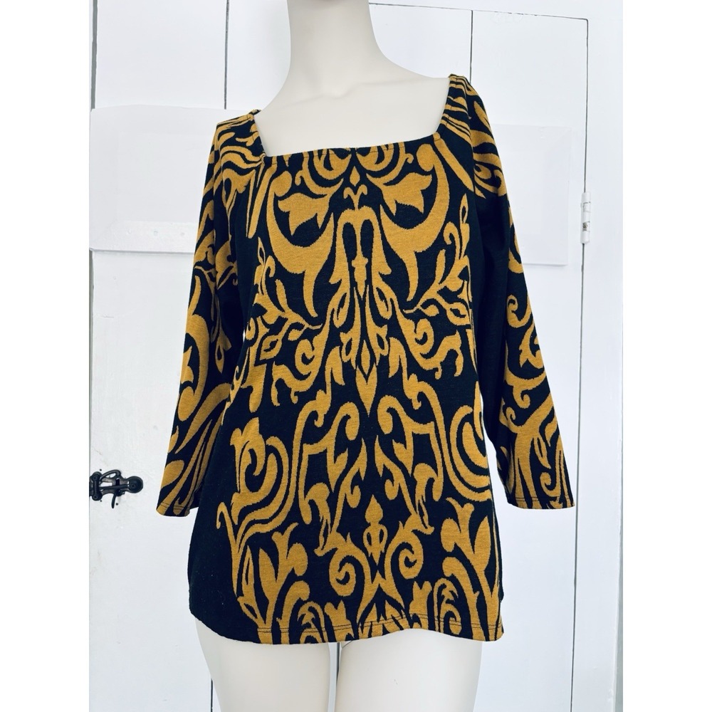Cocomo Women's Gold/Yellow and Black Funky‎ Paisley Blouse Top Size Large